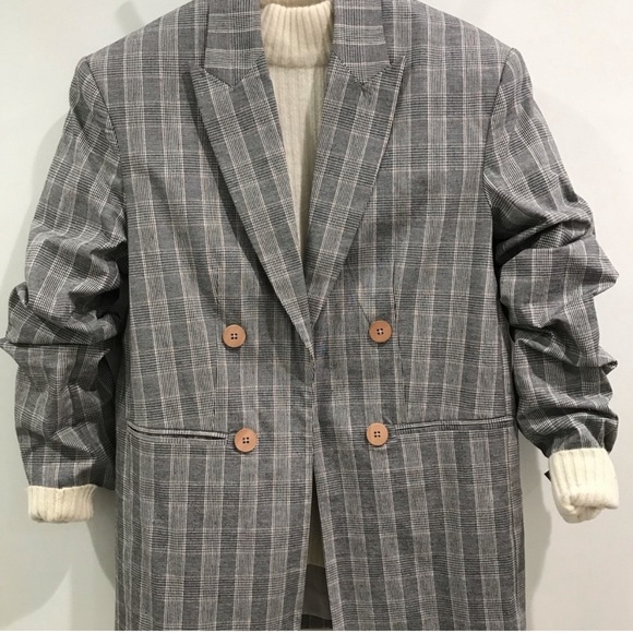 Mango Cotton Blend Checkered Plaid Blazer wooden buttons‎ with red details Fall - Picture 9 of 9